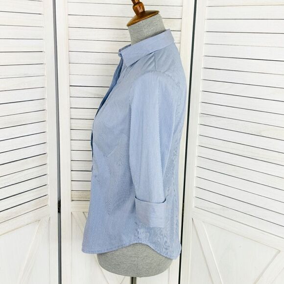 Worthington Petite Striped Faux Pleat Button Front Shirt Blue White Small - Picture 2 of 12